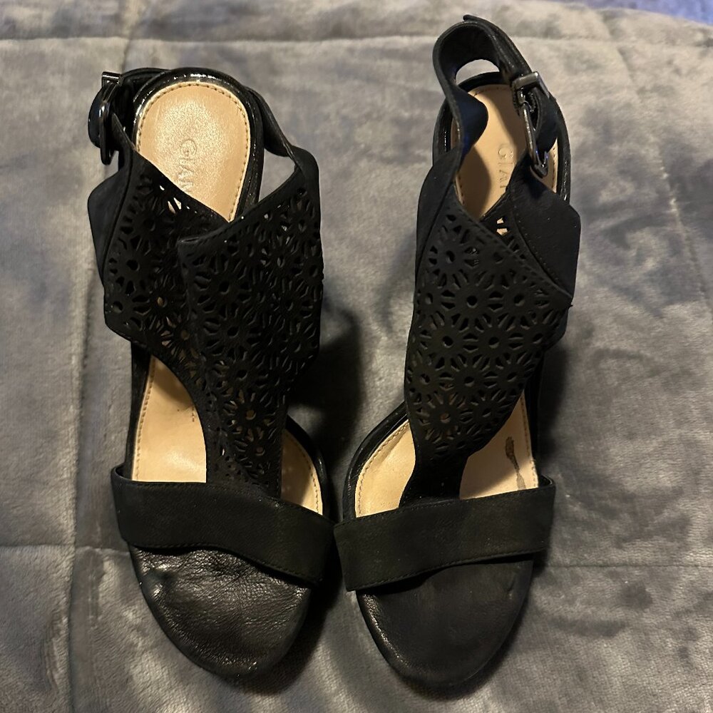 Gianni Bini Black Laser Cut Ankle Strap Heels | Open Toe Sandals